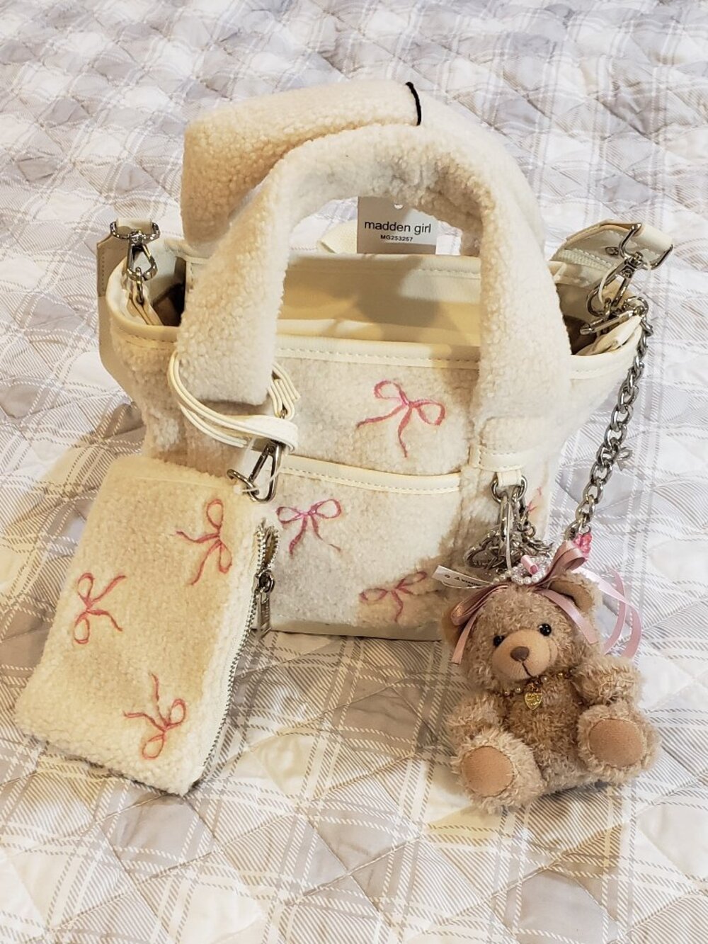Madden Girl Sherpa Pink Bow Mini Tote in cream color